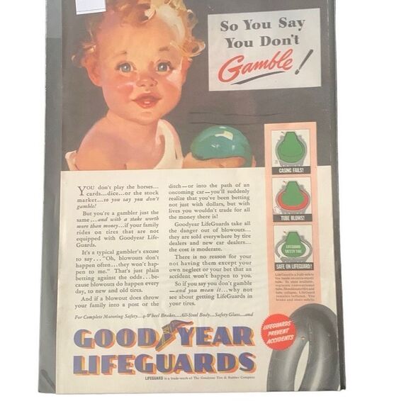 Vintage 1940 Goodyear Lifeguards Tire So You Say You Don’t Gamble Ad Advertiseme - Picture 1 of 4